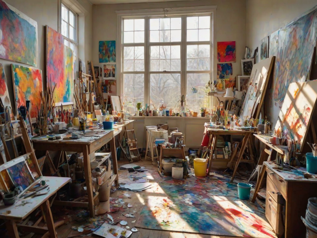 Artist’s studio, cluttered with canvases and paint supplies, a painter focused on a large canvas, sunlight streaming through tall windows, illuminating the vibrant colors of the paint and the creative chaos.