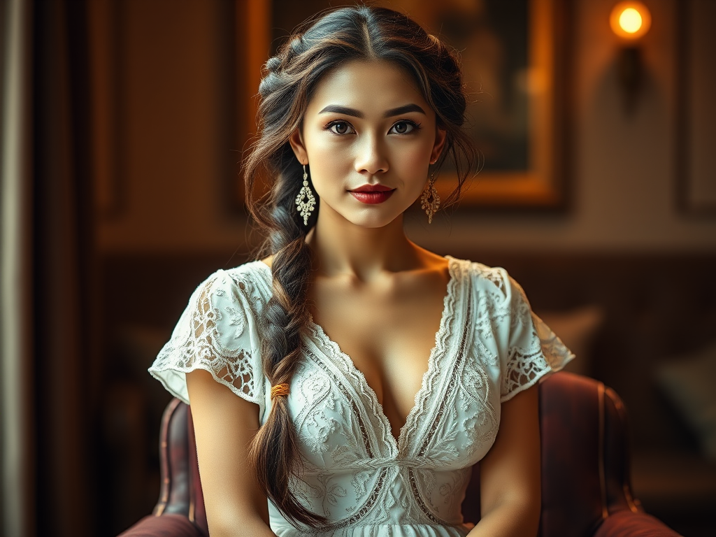 Create a portrait of a refined and elegant Mongolian woman seated in a sophisticated setting. She has long, wavy hair styled in two thick braids that are pulled over her shoulders. She wears a white, lace gown with intricate patterns, featuring a deep V-neckline and short sleeves. The dress exudes a vintage charm with its delicate lacework. She is adorned with ornate, dangling earrings that add a touch of glamour to her appearance. The background is softly lit, with warm, ambient lighting that creates a cozy and inviting atmosphere. Her expression is poised and serene, capturing a sense of grace and elegance.