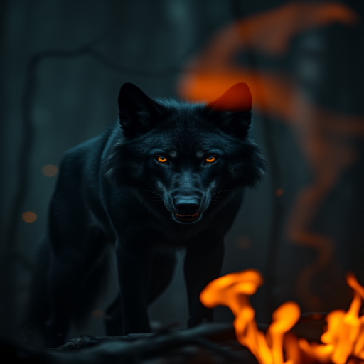 A menacing black wolf with glowing orange eyes stands amidst a dark forest, surrounded by flickering flames; captured with a Canon EOS R5, 50mm lens, f/1.8 aperture, ISO 200, 1/200s shutter speed, in low light for dramatic effect.