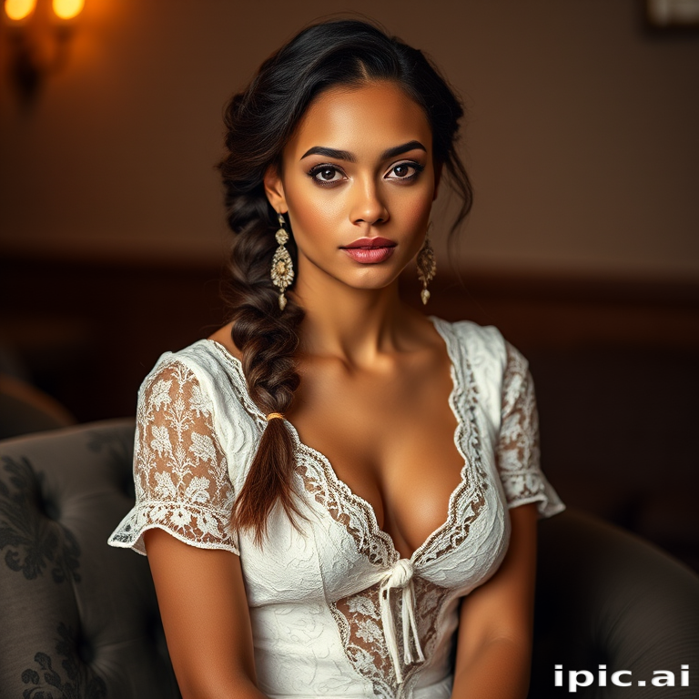 Create a portrait of a refined and elegant woman seated in a sophisticated setting. She has long, wavy hair styled in two thick braids that are pulled over her shoulders. She wears a white, lace gown with intricate patterns, featuring a deep V-neckline and short sleeves. The dress exudes a vintage charm with its delicate lacework. She is adorned with ornate, dangling earrings that add a touch of glamour to her appearance. The background is softly lit, with warm, ambient lighting that creates a cozy and inviting atmosphere. Her expression is poised and serene, capturing a sense of grace and elegance.