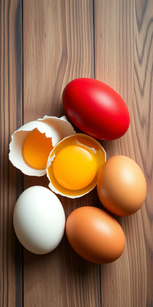Create an arrangement of four eggs on a wooden surface: one cracked with a bright yellow yolk, one red egg, and two whole eggs in white and brown; use a 50mm lens, aperture f/2.8, ISO 100, and a soft, diffused natural light to enhance clarity and detail.