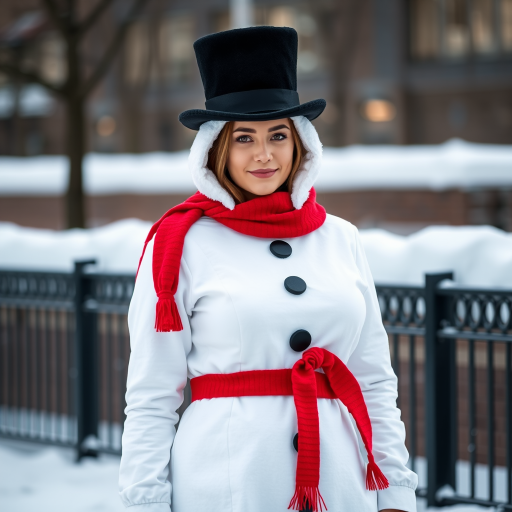 Generate an image of a woman dressed in a snowman costume with a black top hat, red scarf, and white outfit, standing in an outdoor winter setting, using a Canon EOS 5D Mark IV, 50mm lens, aperture f/2.8, ISO 100, natural lighting, full-body shot.