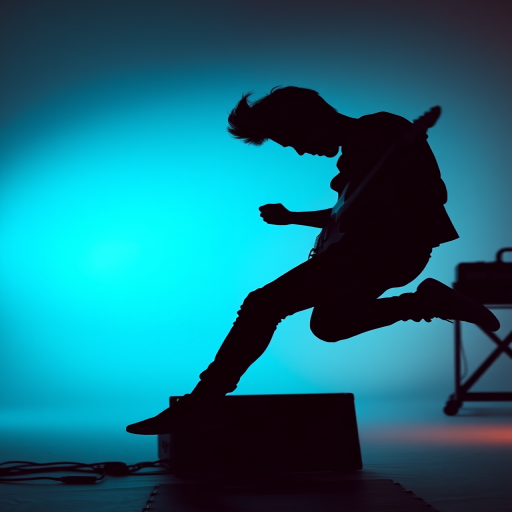 Create a silhouette image of a guitarist in mid-jump, using a high-resolution camera with ISO 100, f/2.8 aperture, 50mm lens, in a studio setting with soft lighting to enhance the details and clarity.