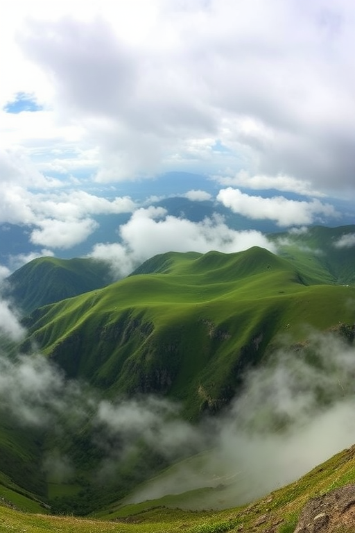 A panoramic view of a misty mountain range with rolling green hills and dramatic clouds, captured with a DSLR camera at ISO 100, f/8 aperture, 1/250 sec shutter speed, wide-angle lens, and landscape orientation in soft natural light.