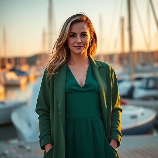 portrait of a woman standing at a marina wearing a green dress and coat, golden hour lighting, f/2.8 aperture, 85mm lens, ISO 100, shot with a full-frame DSLR, vibrant colors and sharp details.