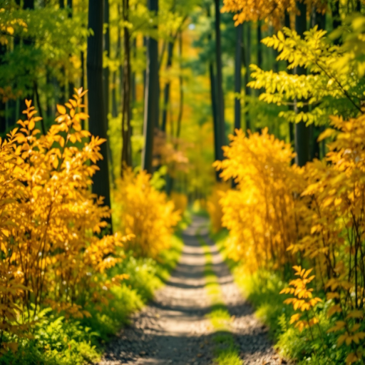 create a vibrant forest pathway scene with bright foliage in various shades of green and orange, sunlight filtering through the trees, depth of field focus on the path, shot with a Canon EOS R5, 50mm lens, aperture f/1.8, ISO 100, soft natural light for enhanced colors and details