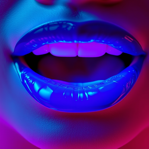 Vibrant neon lips glowing in electric blue with a glossy finish, emitting an otherworldly radiance that captivates and mesmerizes