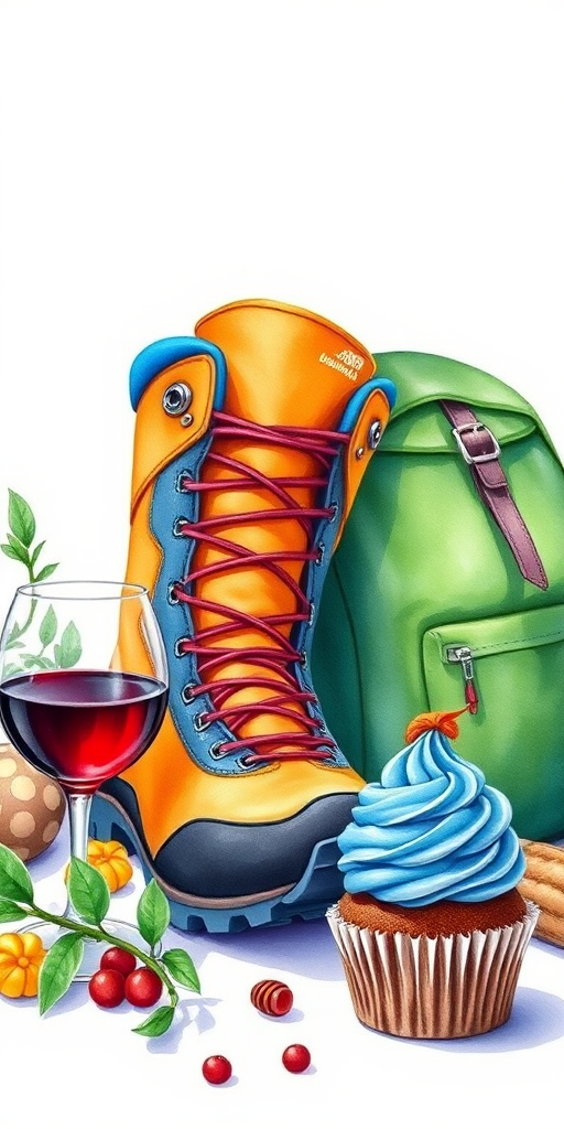 Create a vibrant still life illustration featuring a bright orange and blue hiking boot, a green backpack, a glass of red wine, and a cupcake with blue frosting, using a watercolor style, shot at a 35mm focal length, with an aperture of f/4 to achieve a soft background blur and enhance details, in natural daylight.