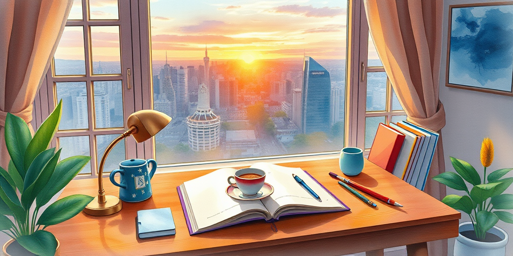 Create an illustration of a cozy study with a large window overlooking a scenic cityscape, featuring a wooden desk adorned with a cup of coffee, an open sketchbook, and art supplies, in soft watercolor style at sunrise with vibrant colors, using a Canon EOS R5 camera, 50mm lens, f/1.8 aperture, ISO 100, and a slight vignette for depth.