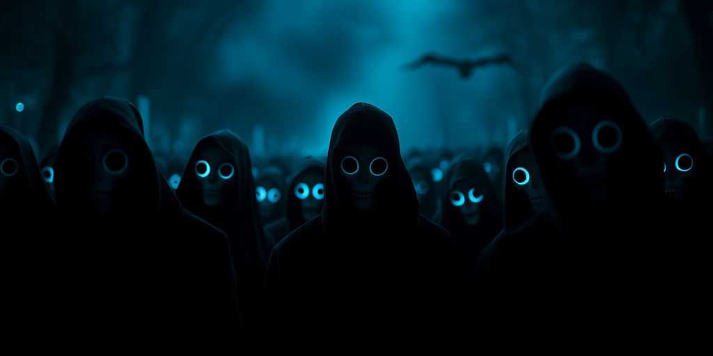 A dark, atmospheric scene featuring a crowd of eerie figures with glowing eyes in blue and black hues, shot with a Canon EOS 5D Mark IV, f/1.8 aperture, ISO 800, 50mm lens, shallow depth of field, low angle perspective with soft focus background to enhance visual impact.