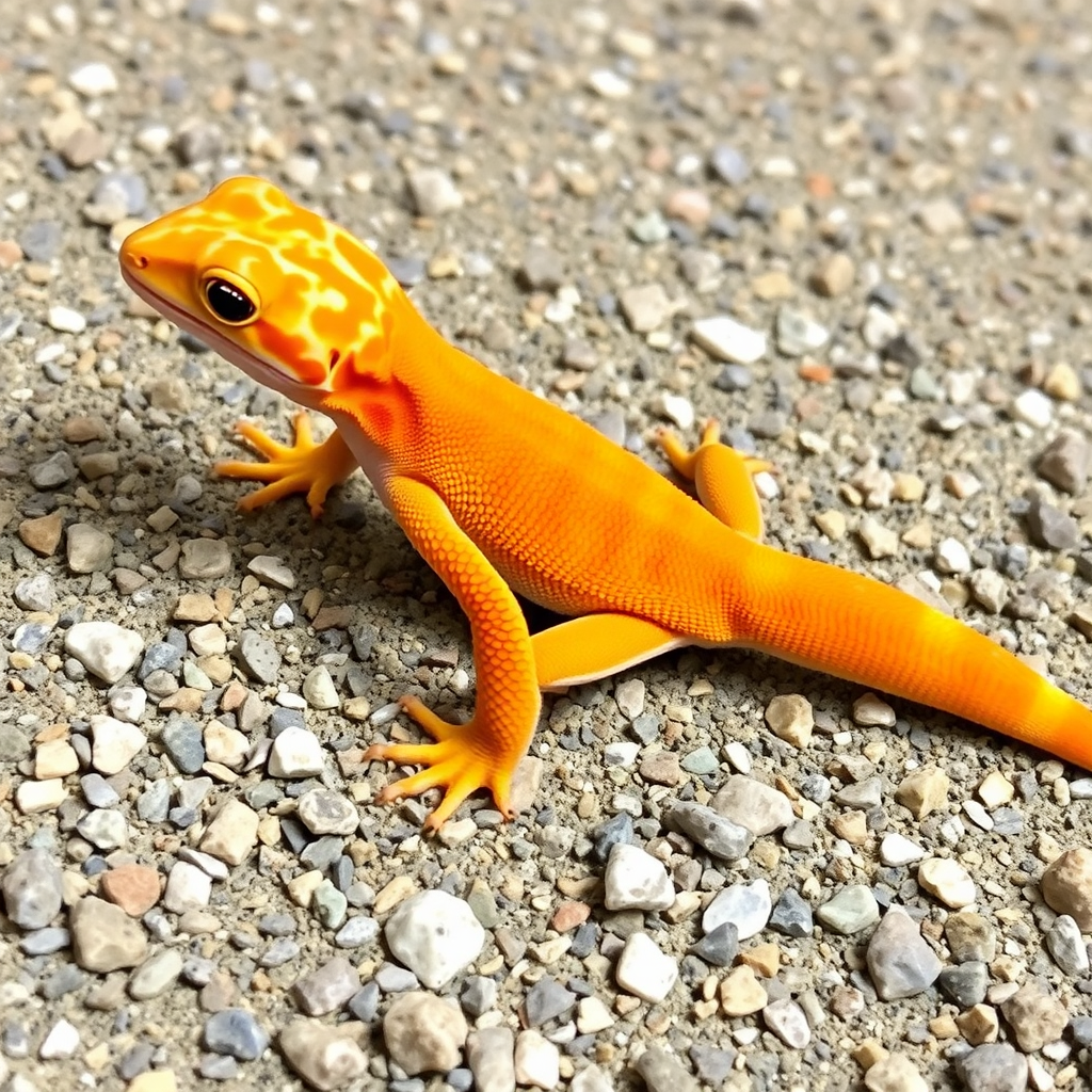 A vibrant orange gecko with unique patterns stands on a gravel surface, showcasing its smooth skin and alert posture, blending nature's beauty with detailed textures.