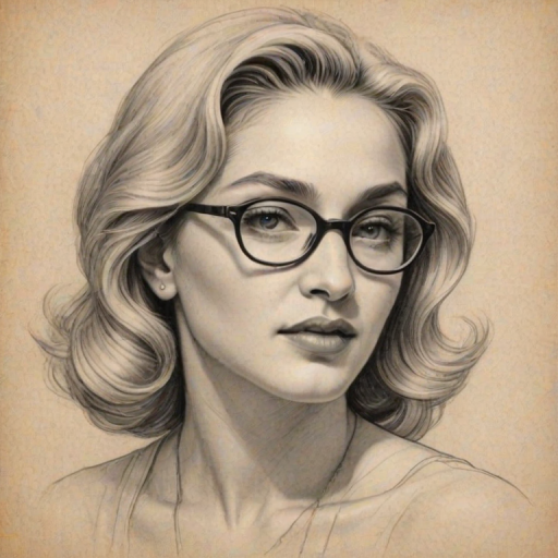 Enchanting Madonna, pencil sketch, portrait of Attractive woman 1955s in glasses, hair style beatnik, outline, clear lines, fine lines, 8k