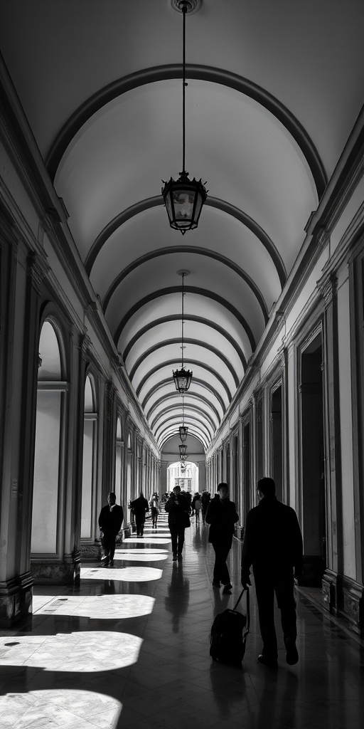 Capture a high-contrast black and white image of an elegant hallway with arched ceilings, featuring silhouettes of people, using a Canon EOS R5, 35mm lens, f/8 aperture, ISO 100, natural lighting, and a slightly low angle to emphasize the architectural details.