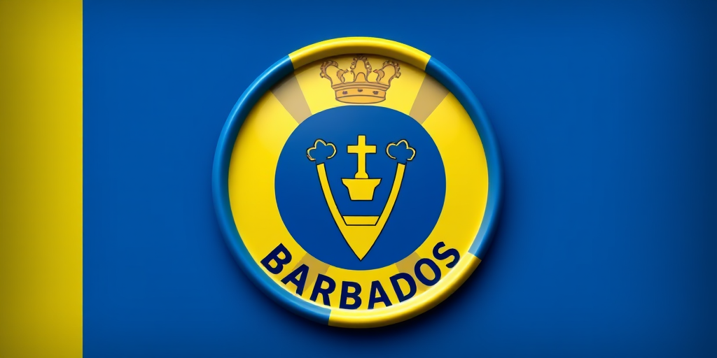 Create a high-resolution image of the Barbados flag in a 3D circular badge design, using a Canon EOS R5 camera with a 50mm f/1.2 lens, aperture set to f/2.8, ISO 100, natural lighting, and a slight vignette effect to enhance depth.