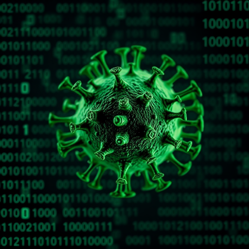 highly detailed digital illustration of a green virus on a black background filled with cascading binary code, macro lens, f/2.8 aperture, ISO 100, 50mm focal length, studio lighting, concept art style