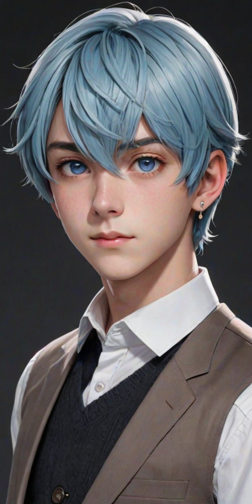 niji3d, aromasensei, 748cm, beitemian, wlopwangling, ttguweiz, fugtrup, solo, looking at viewer, short hair, bangs, blue eyes, simple background, shirt, long sleeves, 1boy, hair between eyes, jewelry, closed mouth, blue hair, jacket, white shirt, upper body, male focus, earrings, collared shirt, vest, formal, suit, black background, male child