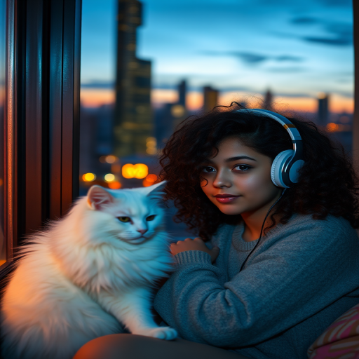 A cozy indoor scene featuring a girl with curly hair wearing headphones, sitting by a window with a view of a city skyline at dusk, softly lit by warm light, with a fluffy white cat beside her, portraying a peaceful atmosphere, captured with a DSLR camera, aperture f/1.8, ISO 200, 50mm lens, soft focus style.
