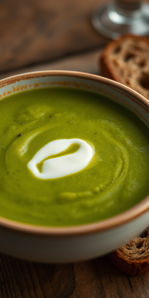 A close-up shot of a bowl of green soup with a dollop of cream and a slice of brown bread on a wooden table, using a Canon EOS R5, 50mm lens, aperture f/2.8, ISO 100, natural light, focused on the texture of the soup and the rustic elements of the bread.