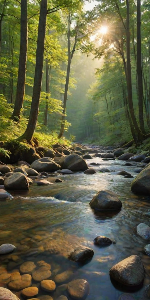 Create an image of a serene, sunlit forest scene with a clear, gently flowing river. Tall trees with lush green foliage line both sides of the river, their leaves bathed in the warm golden light of the setting or rising sun. The sunlight filters through the trees, casting soft, dappled light on the river, which flows over smooth rocks and pebbles, creating a peaceful, natural atmosphere. The sky is bright with a few scattered clouds, and the overall mood is tranquil, evoking a deep sense of connection with nature. The image captures the beauty of a calm, pristine forest landscape at either dawn or dusk.