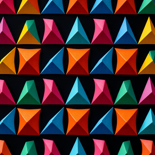 Create a vibrant pattern of colorful triangular shapes arranged in a grid on a black background, capturing with a high-resolution digital camera, 50mm lens, f/8 aperture, ISO 200, soft ambient lighting, focused from above to emphasize depth and color contrast.