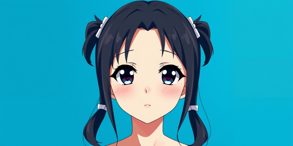 Generate a high-resolution image of an anime girl with black hair styled in pigtails, soft facial features, and large expressive eyes, set against a vibrant blue background, using a 50mm lens, aperture f/1.8, ISO 100, with a portrait style and digital camera type.
