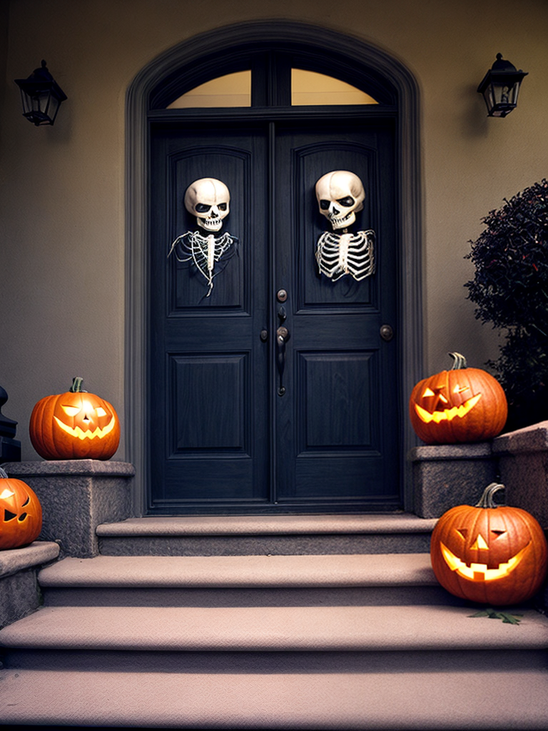 haloween scarey Skeleton pumpkin night snow door street porchlights stairs skeleton