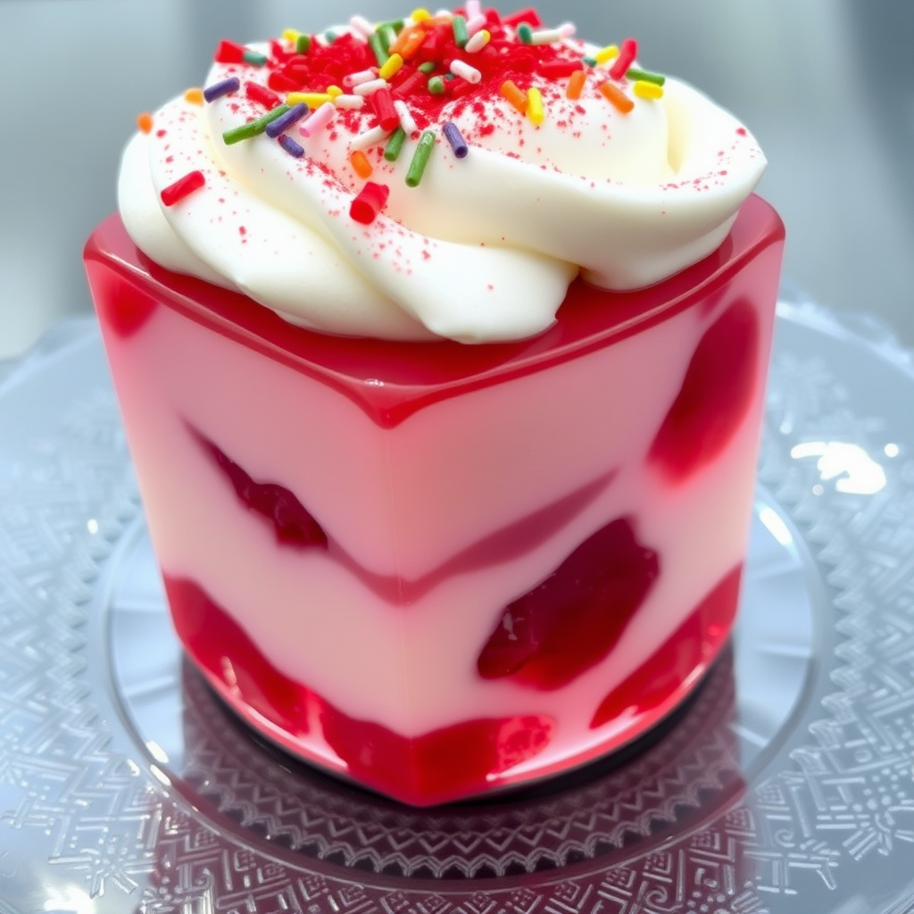 Create an image of a layered dessert featuring a glossy jelly base with raspberry pieces visible inside a clear layer, topped with smooth whipped cream, colorful sprinkles, and a dusting of red powder, all arranged on a decorative glass plate with a subtle textured design.