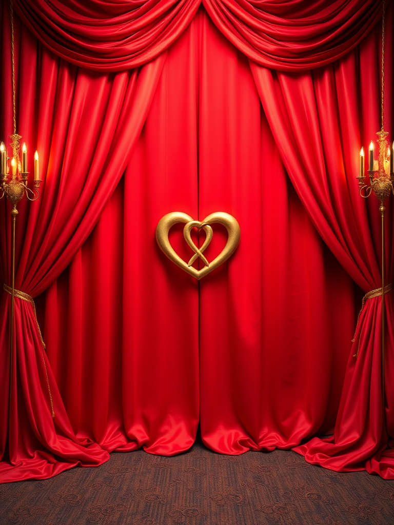 Create an elegant background featuring a rich red drapery with golden accents and a pair of intertwined hearts in the center, use a DSLR camera with a 50mm lens, f/2.8 aperture, ISO 100, and a soft focus effect for enhanced depth and detail.