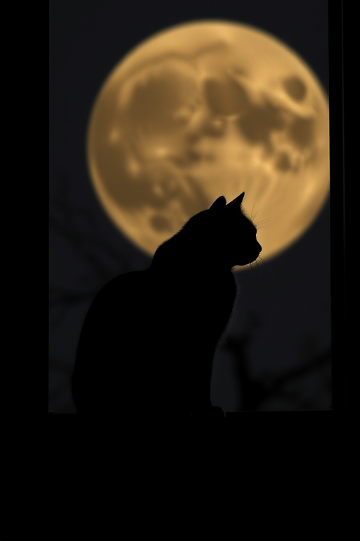 Create a high-resolution image of a dark silhouette of a cat sitting on a windowsill with a full moon in the background, using a DSLR camera with a 50mm lens, aperture set to f/1.8, ISO 200, captured in low light at night, focusing on the contrast between the silhouette and the moonlight.