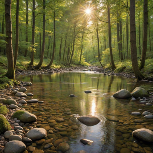Create an image of a serene, sunlit forest scene with a clear, gently flowing river. Tall trees with lush green foliage line both sides of the river, their leaves bathed in the warm golden light of the setting or rising sun. The sunlight filters through the trees, casting soft, dappled light on the river, which flows over smooth rocks and pebbles, creating a peaceful, natural atmosphere. The sky is bright with a few scattered clouds, and the overall mood is tranquil, evoking a deep sense of connection with nature. The image captures the beauty of a calm, pristine forest landscape at either dawn or dusk.