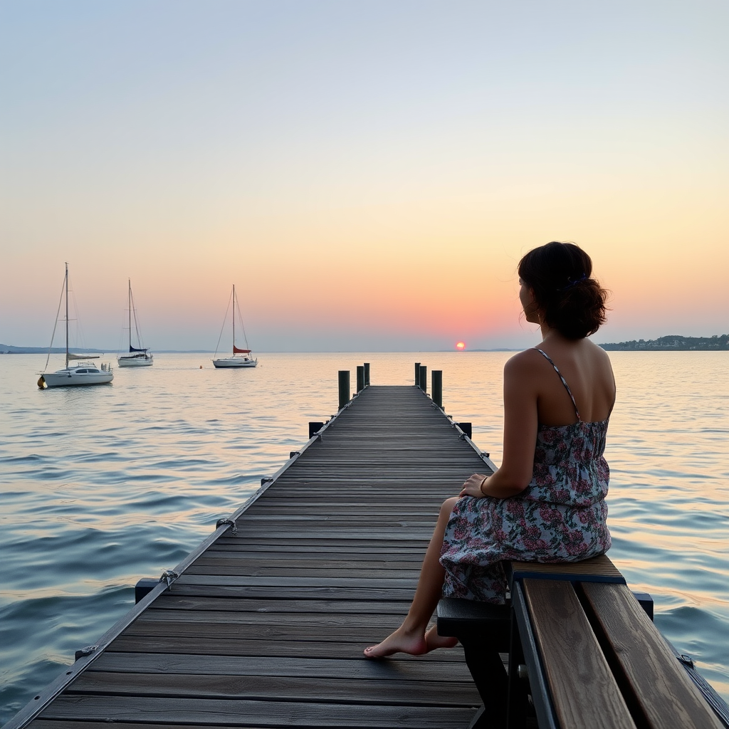 Quiet pier at dusk, boats gently rocking in the water, a woman in a sundress sits on a wooden bench, watching the last rays of the sun disappear beyond the horizon.