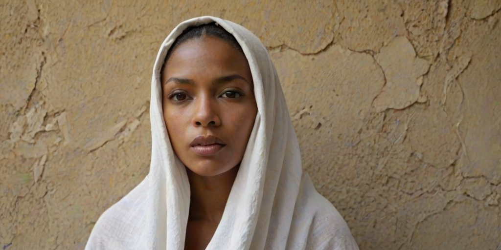 Create a close-up photographic image of a Cape Verdean woman with light skin tones shown against an old, worn wall. Their head is wrapped in a white cloth covering (i.e.... parts of the head except the nose and mouth, which are open as if they are screaming...), with a slight texture and visible folds in the fabric. Thin strands of blonde hair escape from the wrapping above, falling lightly at the top and sides. Their hands hold the fabric as if they are tugging nervously. The lighting is dramatic and even, casting strong shadows. The image has a minimalist and surreal style with an emphasis on simplicity with soft color tones. The composition is centered.