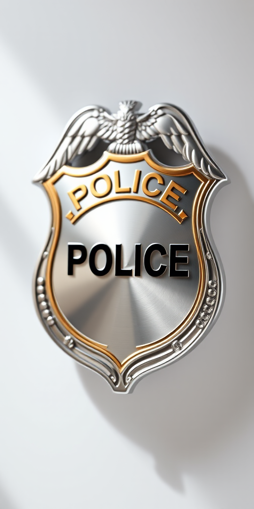 Create a detailed design of a blank police badge in vector style, with a shiny silver surface and a golden border, captured with a DSLR camera, using a 50mm lens at f/2.8, natural light, and a shallow depth of field to enhance the badge's contours and reflections.
