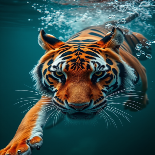 Capture a close-up of a tiger swimming underwater, showcasing its powerful movements while it's mid-action, using a DSLR camera with a 24mm lens, aperture f/8, shutter speed 1/500s, ISO 400, underwater housing, high-dynamic range imaging for enhanced clarity and detail.