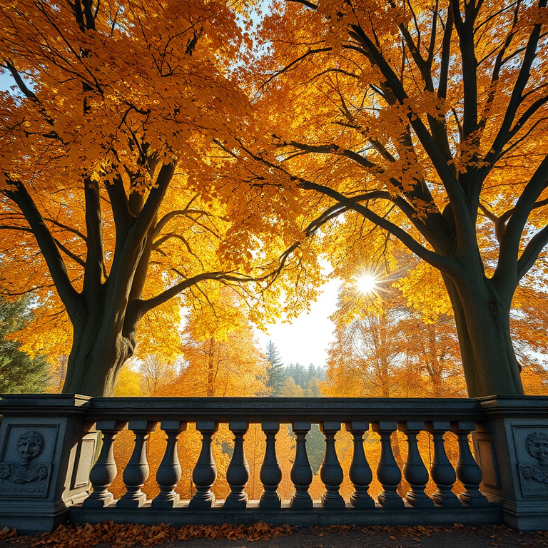 Capture a serene autumn scene featuring two large trees with vibrant golden leaves framing a rustic stone balustrade, glowing sunlight filtering through the foliage, shot with a Canon EOS R5, 24mm lens, f/8 aperture, ISO 100, 1/250 sec shutter speed, HDR style for enhanced dynamic range.