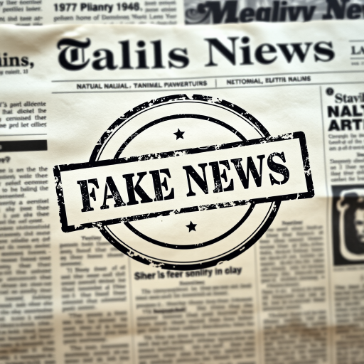 Create an image of a newspaper with the bold, distressed stamp "FAKE NEWS" across the center, using a macro lens for detailed texture, aperture set at f/4 for a slightly blurred background, shot in natural light to enhance contrast, and in a flat lay style for an engaging perspective.