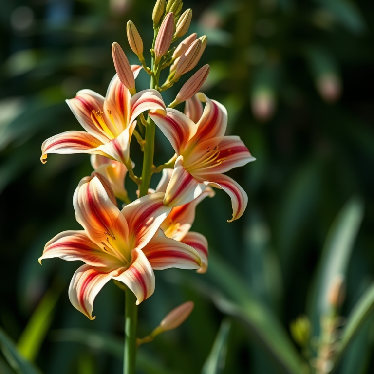 Create a highly detailed botanical illustration of a tall lily plant with multiple flowers, captured with a DSLR camera at f/8 aperture, 50mm lens, natural light, shallow depth of field, vibrant colors, and a soft-focus background to enhance the foreground flowers.