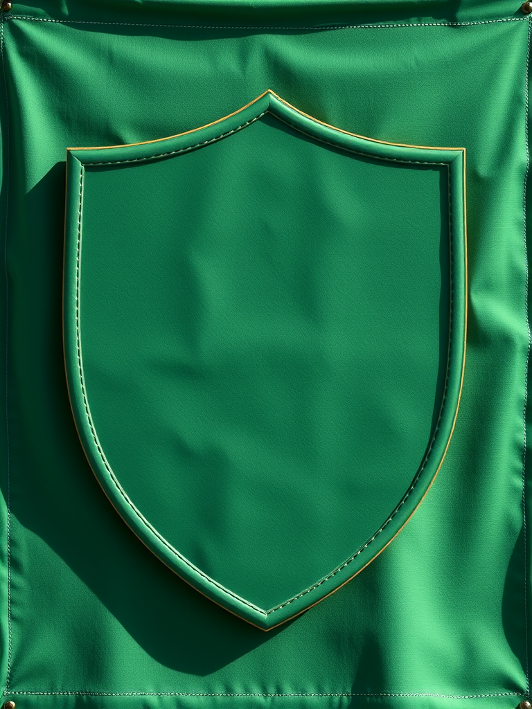 Create a high-quality image of a green shield-shaped banner with a textured surface, using a DSLR camera at f/2.8 aperture, ISO 100, and a focal length of 50mm, shot in soft natural lighting from a frontal view.