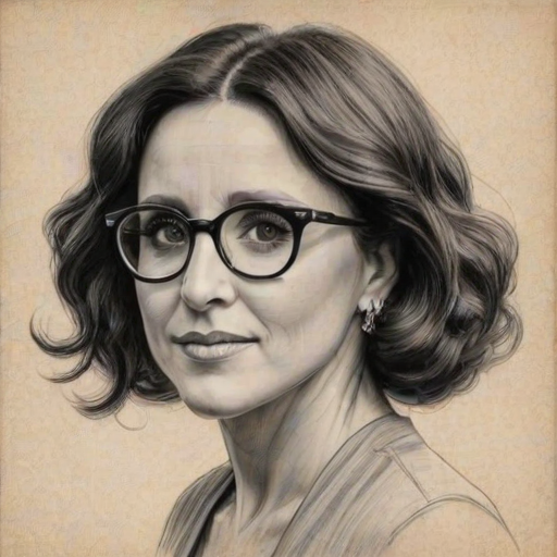 Dazzling Julia Louis-Dreyfus, pencil sketch, portrait of Beauteous woman 1922s in glasses, hair style beatnik, outline, clear lines, fine lines, 8k