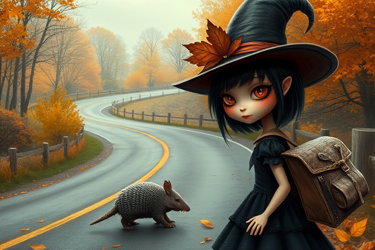 digital art fantasy depicting a strange girl with black hair, long eyelashes, orange lipstick and a tall hat walking along a winding road on an autumn afternoon, an armadillo smiles as he passes
