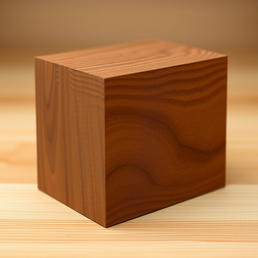 Create a highly detailed 3D rendering of a wooden block with a smooth texture, using a Canon EOS R5, 50mm lens, f/1.8 aperture, ISO 100, 1/200 sec shutter speed, shot from a slightly elevated angle to emphasize depth and grain patterns.