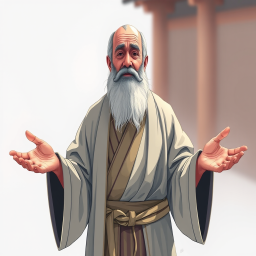Create a high-resolution illustration of a bearded old man in traditional robes, standing with open hands in a welcoming gesture, captured with a 50mm lens at f/2.8, using a soft natural light setup, in a digital art style.