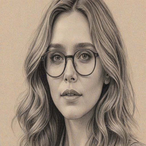 Ravishing Elizabeth Olsen, pencil sketch, portrait of Bewitching woman 1976s in glasses, hair style beatnik, outline, clear lines, fine lines, 8k