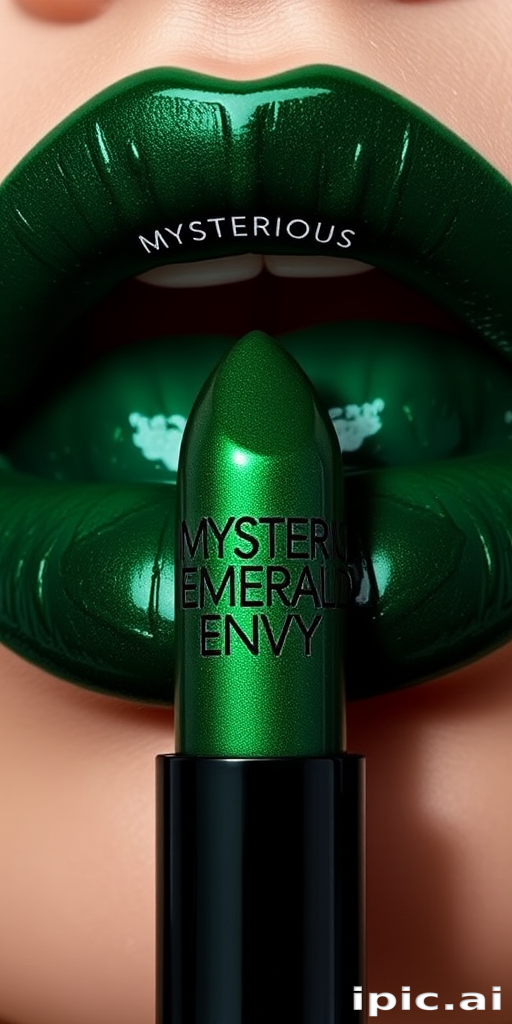 Mysterious Emerald Envy lip color featuring a deep green hue, glossy finish, and color-changing properties, ideal for daring and unconventional makeup looks