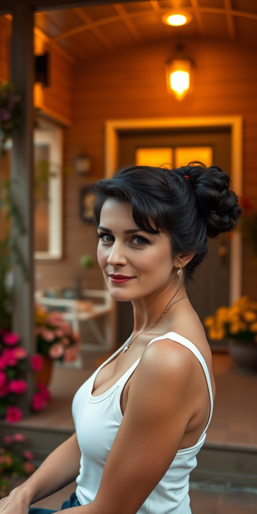 A photo of Rita Hayworth with a background of a cozy porch. She has dark hair pulled back in an updo, with tendrils framing her face. She wears a white tank top and sits on the porch. The porch is part of a well-lit home with a warm, earthy tone and colorful flowers and foliage. The overall scene has a warm, welcoming, and comfortable ambiance.