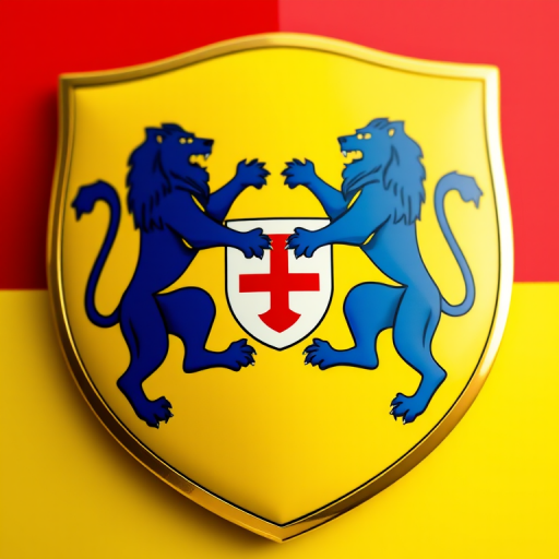 Create a high-resolution image of a shield with two blue lions on a yellow background and a white emblem on a red background, shot with a Canon EOS R5 at f/8, ISO 100, 1/200 sec, in a centered view, using a macro lens for clarity and detail enhancement.