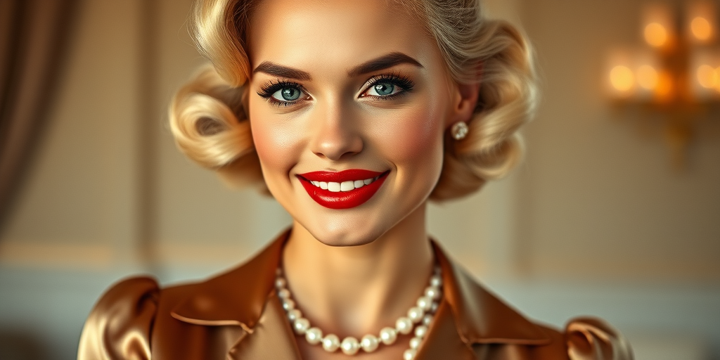 A beautiful woman reminiscent of 1950s Hollywood glamour, with perfectly styled blonde hair and a seductive smile, dressed in a satin blouse and adorned with pearls, soft and warm tones, photorealistic, 8K