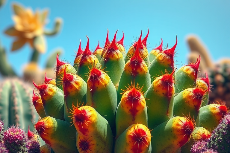 create a high-resolution illustration of a cactus with vibrant colors and detailed textures, using a wide-angle lens, f/2.8 aperture, 1/200s shutter speed, shot from a low angle, in a digital painting style.
