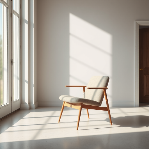 a modern minimalistic chair in a well-lit room with soft shadows, taken with a Canon EOS R5, 50mm f/1.2 lens, aperture f/2.8, ISO 100, with a slight tilt-shift effect to enhance perspective depth and clarity