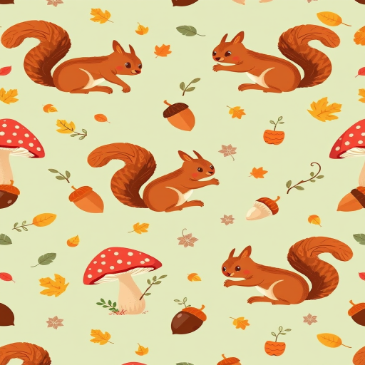 create a whimsical illustration of a pattern featuring cute squirrels, colorful mushrooms, acorns, and autumn leaves on a soft green background using a high-resolution digital art style, with a canon EOS R5 camera at f/2.8, ISO 100, and a 50mm lens for sharp details and vibrant colors